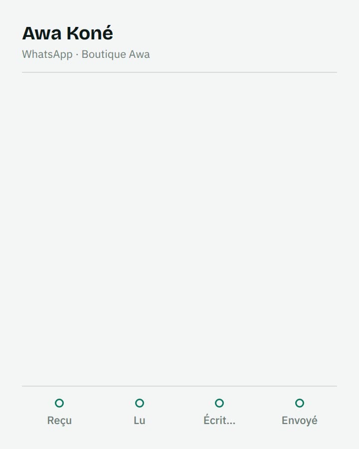 Animation : le message du client arrive, il est lu, l'agent écrit, puis répond.
